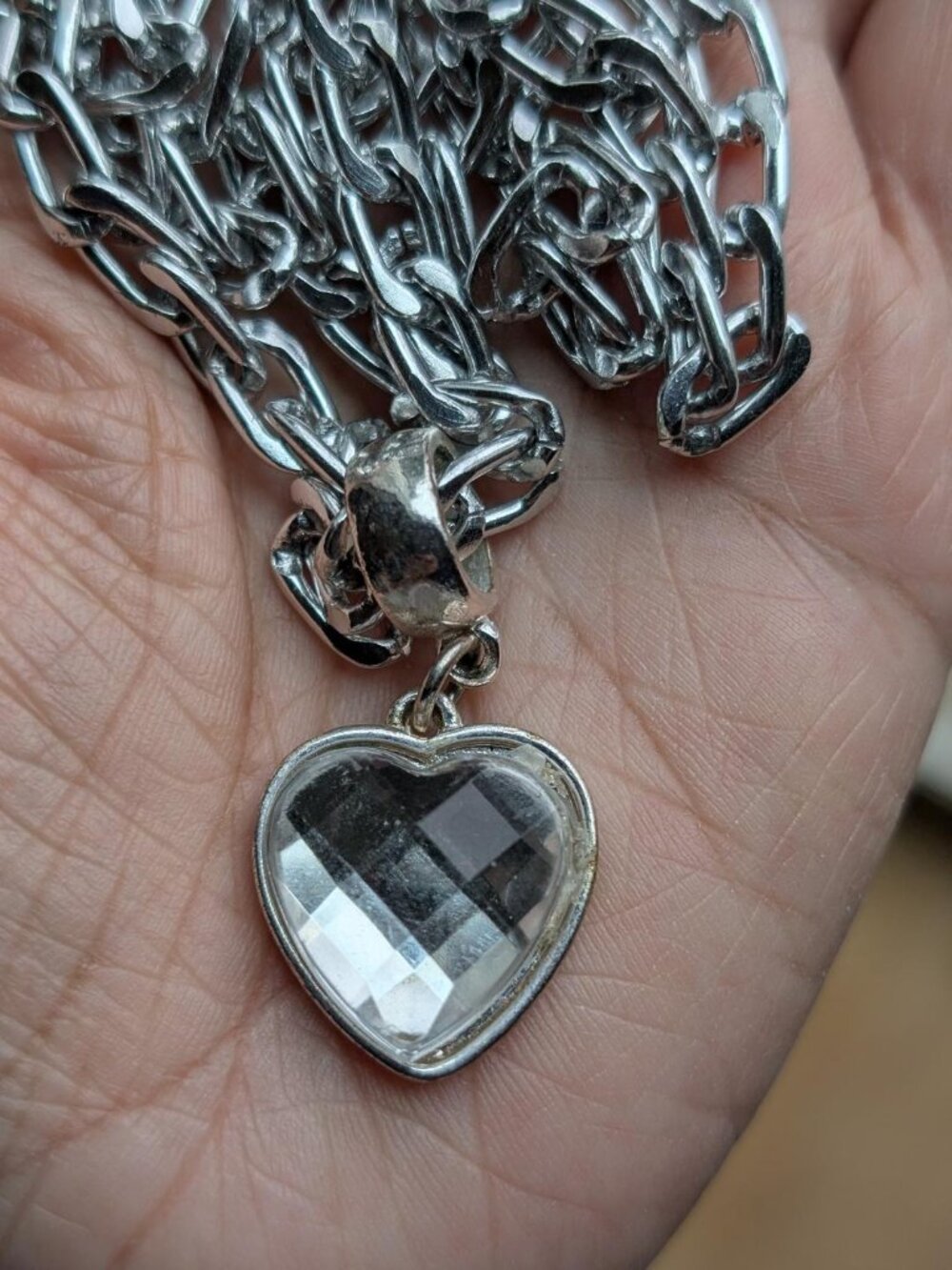 Vintage Silver Toned Large Heart with Clear Rhinestone Pendant Necklace